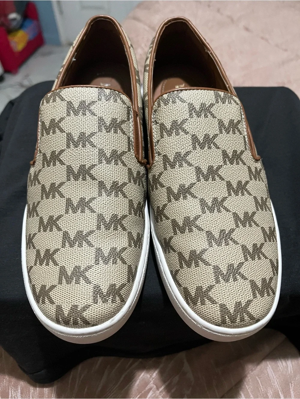 Michael Kors Beige Logo-Print Slip-On Sneakers with White Sole